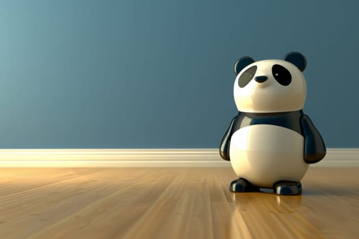 A large panda bear sits gracefully on top of a rustic wooden floor, showcasing its regal presence in a serene environment.