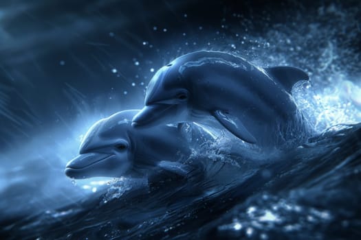 A pair of elegant dolphins gracefully swim in the vast ocean, their bodies effortlessly gliding through the water.