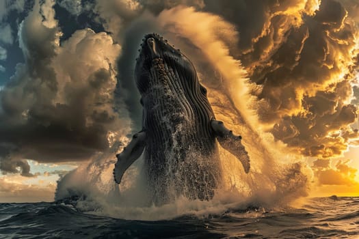 A humpback whale emerges powerfully from the ocean with a golden sunset backdrop.