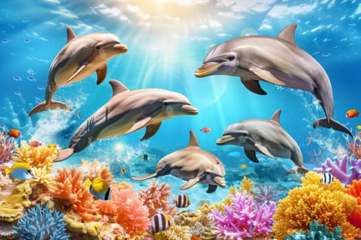 Dolphins frolic over vibrant corals as sunlight filters through the blue water, celebrating ocean life.