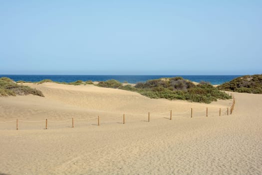In the dunes of Maspalomas on Gran Canaria in Spain. Path to the sea, with blue sky. The huge sand dunes resemble a small desert and are a nature reserve