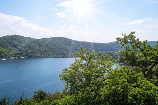 View of the Staimauer from Lake Edersee with blue sky and clouds, in Hesse, Germany
