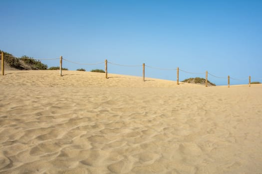 Sand dunes of Maspalomas with a fence made of wooden posts and ropes