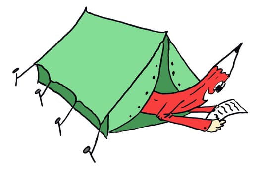 Cartoon illustration of a pencil looking out of a tent and holding a Book isolated on white