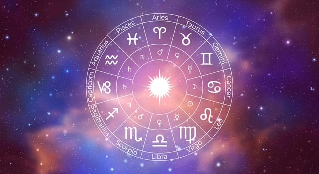 Circle with Zodiac Signs on Colorful Starry Space Background