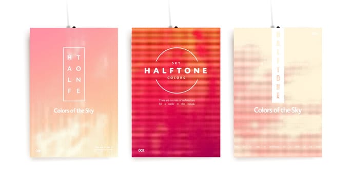 Trendy colorful poster set. Halftone sky background and abstract geometric shapes