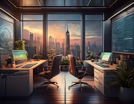 Office with modern devices and digital data on hologram screens 3D rendering