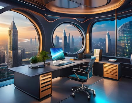 Office with modern devices and digital data on hologram screens 3D rendering