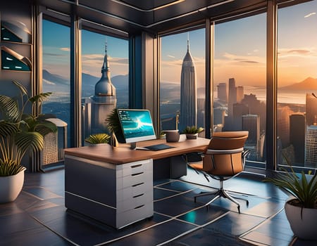 Office with modern devices and digital data on hologram screens 3D rendering