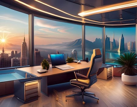 Office with modern devices and digital data on hologram screens 3D rendering