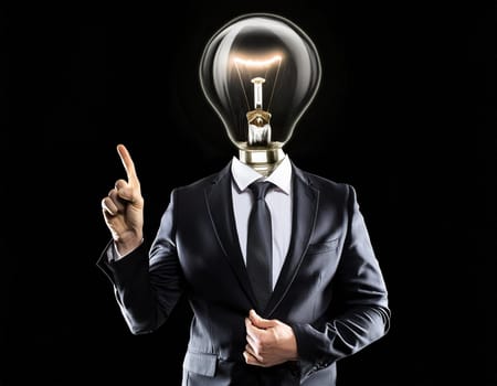 Creative light bulb: A headless man with his light bulb head glowing symbolizes a brilliant idea.