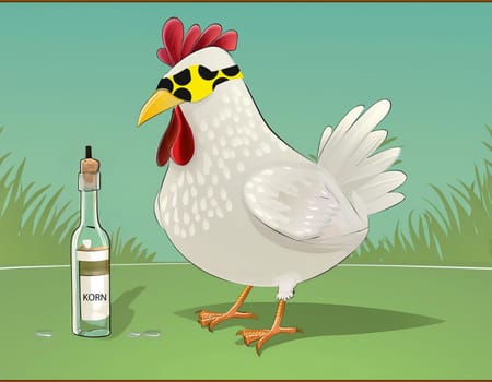 A chicken with a blindfold and symbol for the blind, blindfold. Concept: a blind chicken sometimes finds a grain