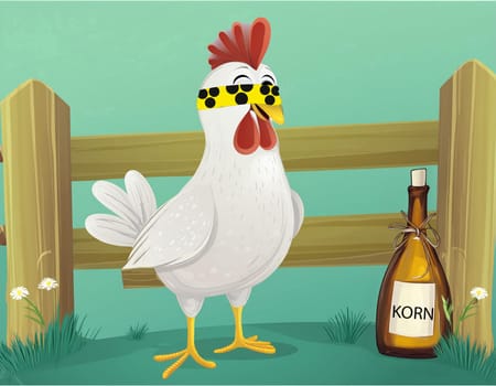 A chicken with a blindfold and symbol for the blind, blindfold. Concept: a blind chicken sometimes finds a grain