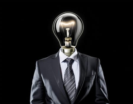 Creative light bulb: A headless man with his light bulb head glowing symbolizes a brilliant idea.