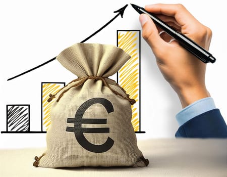 Full bag of cash, with euro symbol. Financial realistic icon of the money bag of the banking concept.In the background a diagram