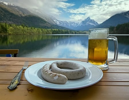 Oktoberfest white sausages with pretzel and beer on a plate in the background of a lake