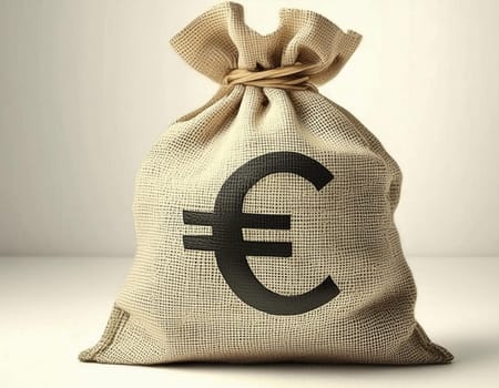 Full bag of cash, with euro symbol. Banking concept money bag financial realistic icon. Isolated on white transparent background.