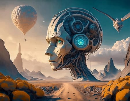 Surreal 3D illustration desert landscape with skull. Digital artwork for creative graphic design