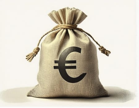Full bag of cash, with euro symbol. Banking concept money bag financial realistic icon. Isolated on white transparent background.