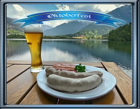 Oktoberfest white sausages with pretzel and beer on a plate in the background of a lake