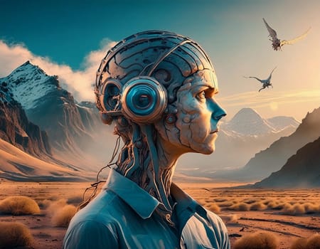 Surreal 3D illustration desert landscape with skull. Digital artwork for creative graphic design