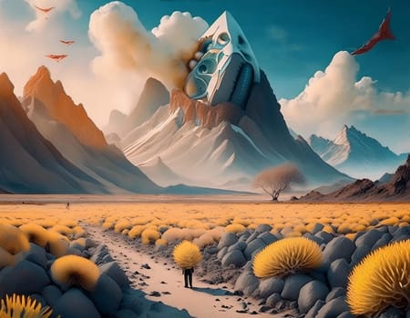 Surreal 3D illustration desert landscape with skull. Digital artwork for creative graphic design