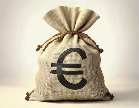 Full bag of cash, with euro symbol. Banking concept money bag financial realistic icon. Isolated on white transparent background.