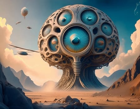 Surreal 3D illustration desert landscape with skull. Digital artwork for creative graphic design