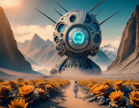 Surreal 3D illustration desert landscape with skull. Digital artwork for creative graphic design