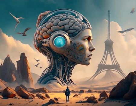 Surreal 3D illustration desert landscape with skull. Digital artwork for creative graphic design