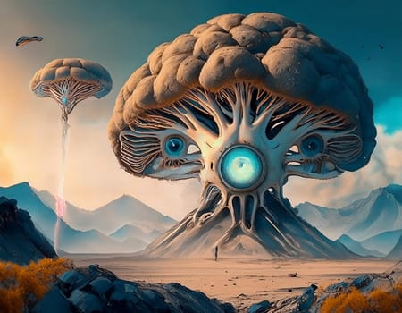 Surreal 3D illustration desert landscape with skull. Digital artwork for creative graphic design
