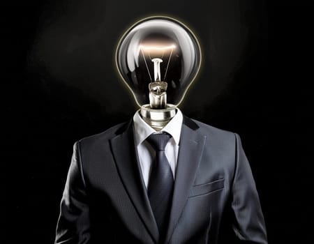 Creative light bulb: A headless man with his light bulb head glowing symbolizes a brilliant idea.