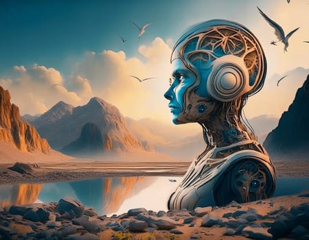 Surreal 3D illustration desert landscape with skull. Digital artwork for creative graphic design