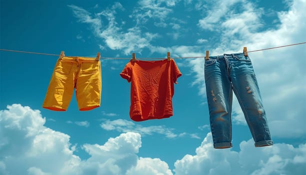Colorful clothes hanging to dry on a laundry line clouds moving in the wind and sun shining in the blue sky. clothes drying in the wind. Copy space