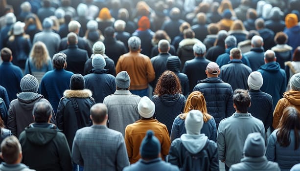 Large, dense and diverse group of people seen from above. Crowd of people standing in a row gathered for event or other activities. Big group of people on one place moving back view top view