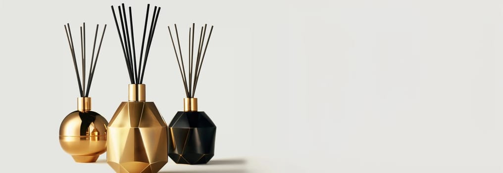 Home perfume in glass bottle with wood sticks, scented burn candles on tray in bedroom living room close up over white. Aromatherapy cozy atmosphere lifestyle. Winter warm xmas season. Good morning. elegant