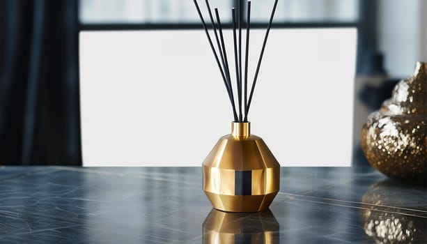 Home perfume in glass bottle with wood sticks, scented burn candles on tray in bedroom living room close up over white. Aromatherapy cozy atmosphere lifestyle. Winter warm xmas season. Good morning. elegant