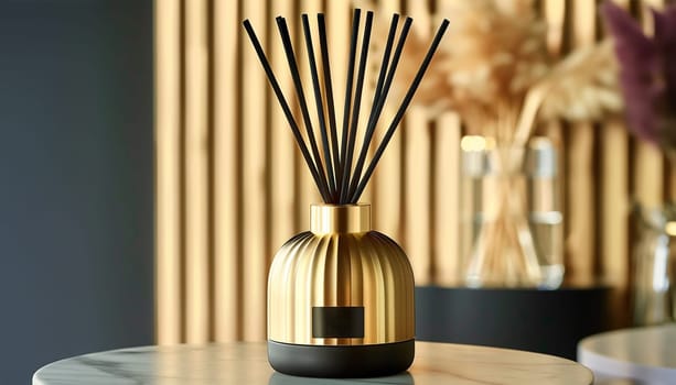 Home perfume in glass bottle with wood sticks, scented burn candles on tray in bedroom living room close up over white. Aromatherapy cozy atmosphere lifestyle. Winter warm xmas season. Good morning. elegant