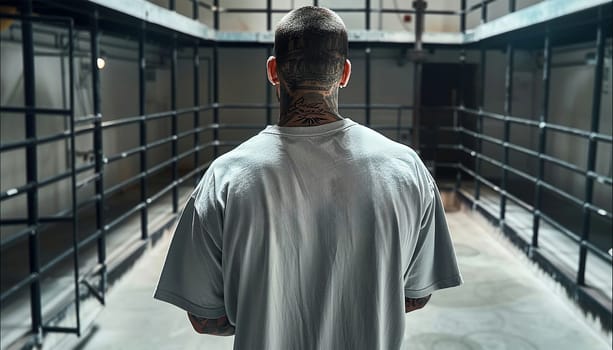 Inmate with tattoos in beige uniform in jail cell, Male prisoner serves imprisonment term for crime in prison. Detention center or correctional facility.