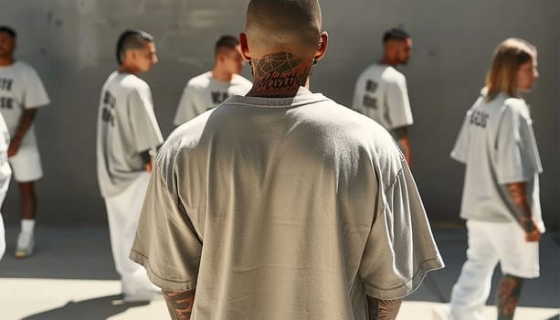 Inmate with tattoos in beige uniform in jail cell, Male prisoner serves imprisonment term for crime in prison. Detention center or correctional facility.