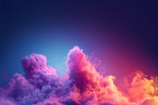 Ethereal background of formations of pink clouds and twinkling stars with copy space, colored sugar cotton fluffy clouds. Magic amazing colorful landscape in the sky. Fantasy unicorn colors moving in the wind. Copy space