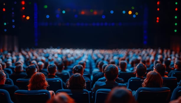 Audience in theater back view ready for show. Modern Public Women's and Males Listening Speaker and Discussing Information in Large Classroom. Human Company Collaboration and Connection on Musical Concert. Contemporary Learn Partnership Occupation
