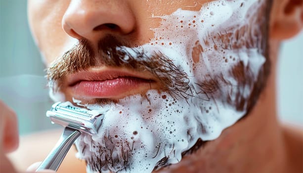 Bearded handsome man shaving using disposable razor in bathroom looking at mirror. Daily morning routine male hygienic beauty procedure. Guy shaves beard and moustache Close-up Beauty routine male