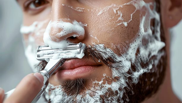 Bearded handsome man shaving using disposable razor in bathroom looking at mirror. Daily morning routine male hygienic beauty procedure. Guy shaves beard and moustache Close-up Beauty routine male