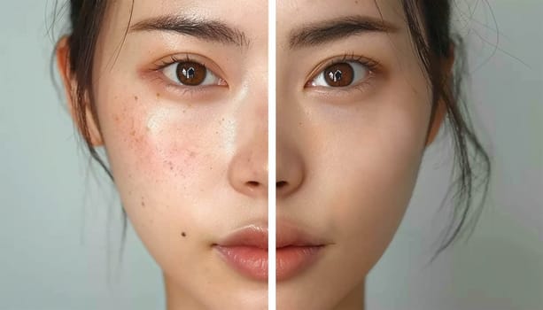 Beauty skin care young Asian half smooth skin. Skin of young woman before and after the cosmetics procedure, problem and smooth skin, concept of skincare Beauty product close up