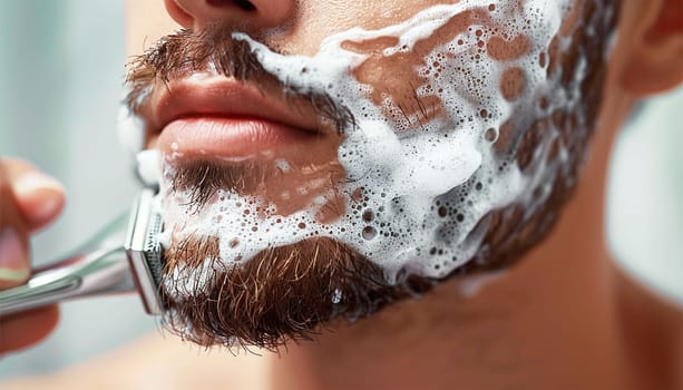 Bearded handsome man shaving using disposable razor in bathroom looking at mirror. Daily morning routine male hygienic beauty procedure. Guy shaves beard and moustache Close-up Beauty routine male
