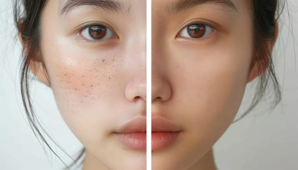 Beauty skin care young Asian half smooth skin. Skin of young woman before and after the cosmetics procedure, problem and smooth skin, concept of skincare Beauty product close up