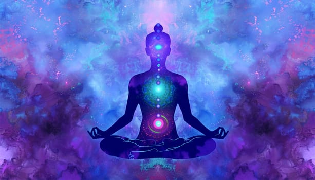 Beautiful woman sits in a pose of a half lotus on high place , she practicing yoga meditation glowing seven all chakra eyes closed calm. Kundalini energy. chakras glowing in galaxy 4k video meditation Chacra energy effect purple background. Blur color neon glow abstract background. Vibrant spectrum.