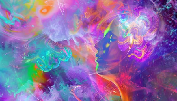 Beautiful woman sits in a pose of a half lotus on high place , she practicing yoga meditation glowing seven all chakra eyes closed calm. Kundalini energy. chakras glowing in galaxy 4k video meditation Chacra energy effect purple background. Blur color neon glow abstract background. Vibrant spectrum.