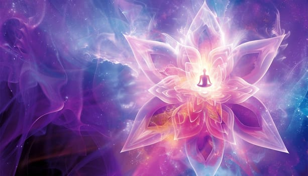 Beautiful woman sits in a pose of a half lotus on high place , she practicing yoga meditation glowing seven all chakra eyes closed calm. Kundalini energy. chakras glowing in galaxy 4k video meditation Chacra energy effect purple background. Blur color neon glow abstract background. Vibrant spectrum.